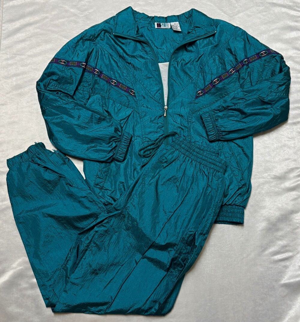 Vintage 90s Bolo Spirit Teal Nylon Tracksuit Set M Aztec Geo Windbreaker